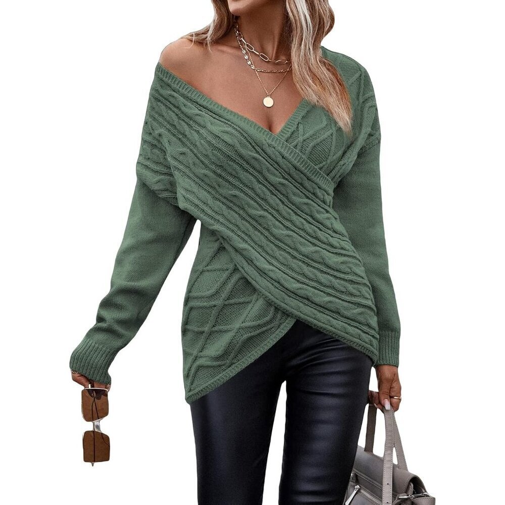 Womens Knit Sweater V Neck Long Sleeve Cross Wrap Casual Fall Winter Top